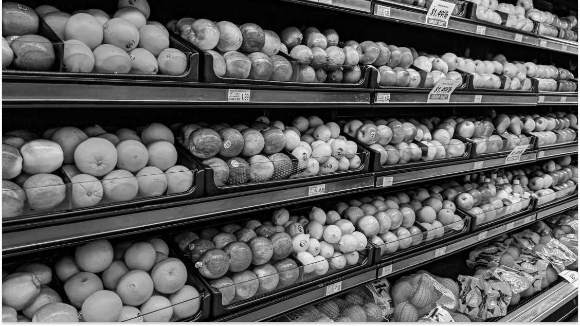 Supermarket Shelves from UnSpalsh. Desaturated with colour filter from original and cropped.